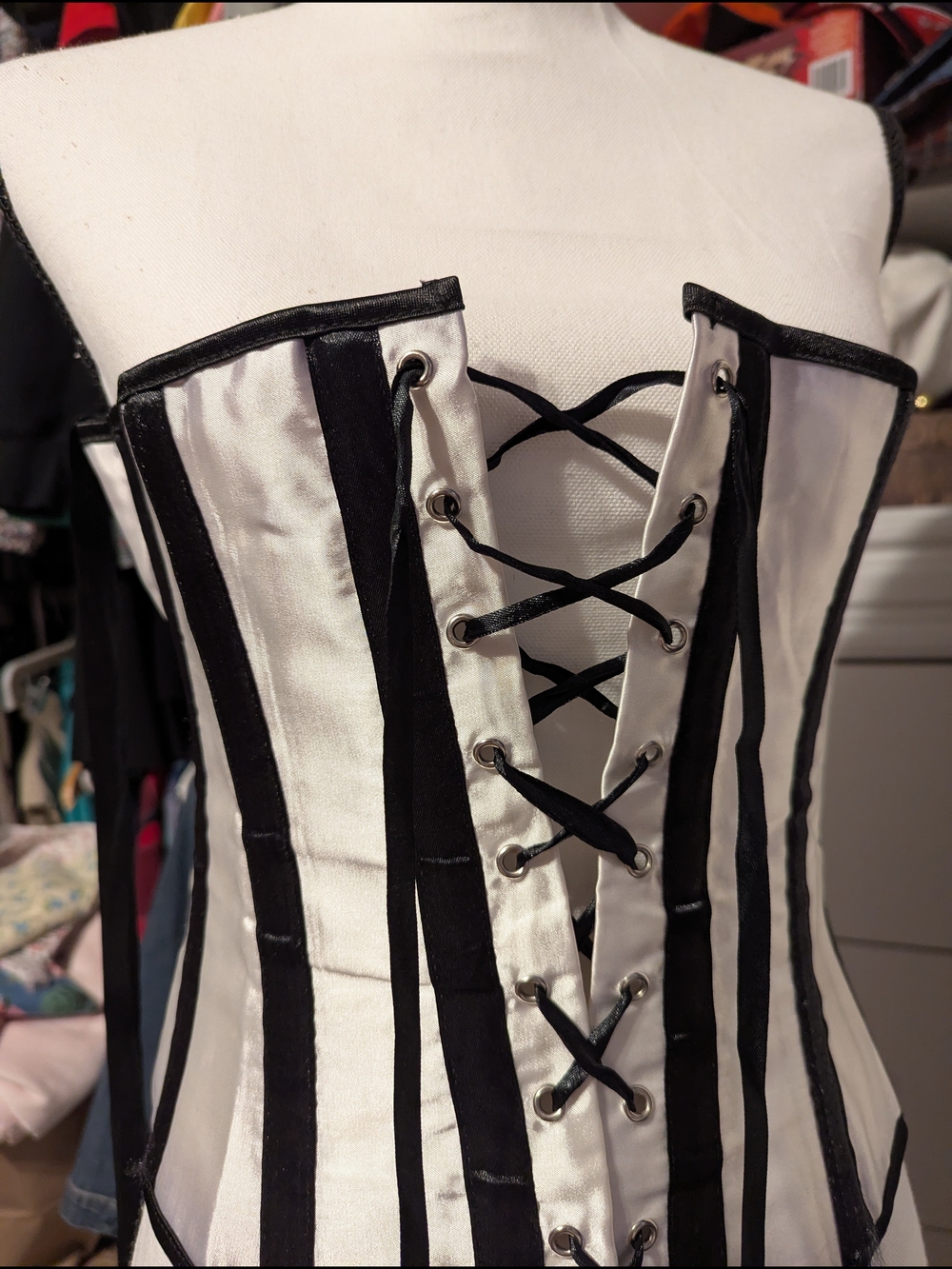 Black and White Striped Satin Corset Camisole